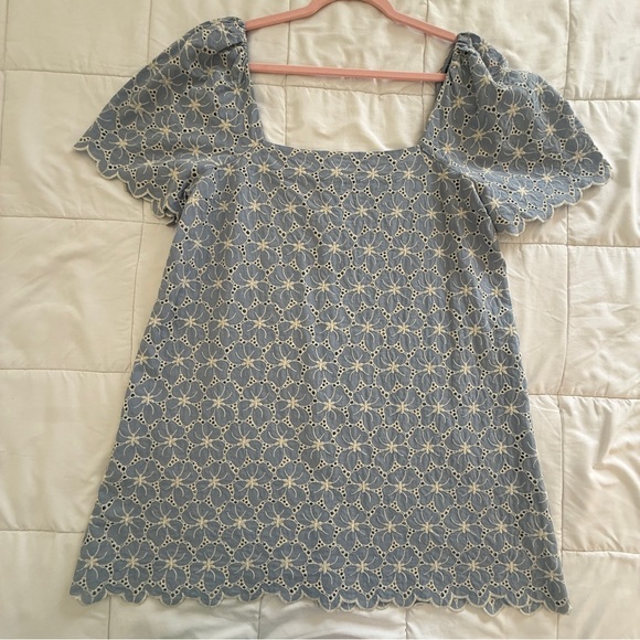 ZARA Eyelet Embroidered Cotton Dusty Blue Dress Women’s Large - Picture 4 of 12